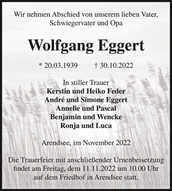 Traueranzeige von Wolfgang Eggert  von Magdeburger Volksstimme