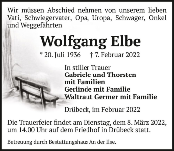 Traueranzeige von Wolfgang Elbe  von Magdeburger Volksstimme