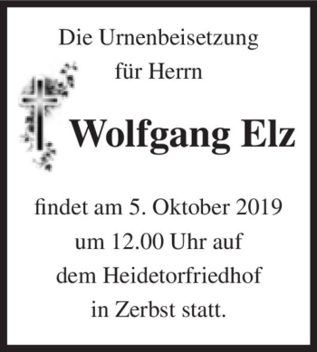 Traueranzeige von Wolfgang Elz  von Magdeburger Volksstimme