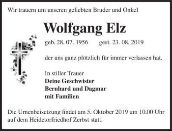 Traueranzeige von Wolfgang Elz  von Magdeburger Volksstimme