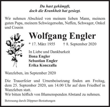 Traueranzeige von Wolfgang Engler  von Magdeburger Volksstimme