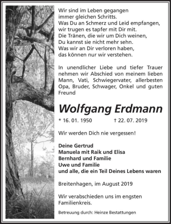 Traueranzeige von Wolfgang Erdmann  von Magdeburger Volksstimme