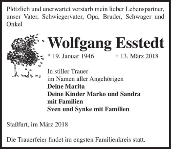 Traueranzeige von Wolfgang Esstedt  von Magdeburger Volksstimme