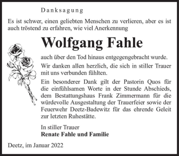 Traueranzeige von Wolfgang Fahle  von Magdeburger Volksstimme