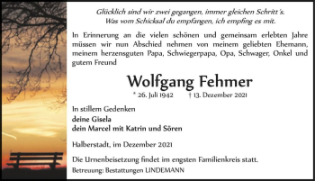 Traueranzeige von Wolfgang Fehmer  von Magdeburger Volksstimme