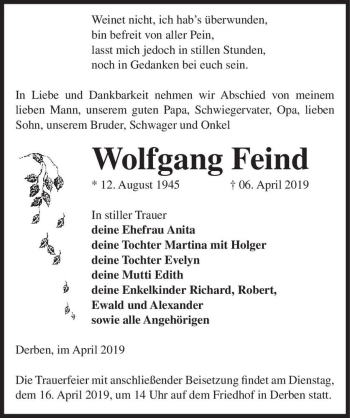 Traueranzeige von Wolfgang Feind  von Magdeburger Volksstimme
