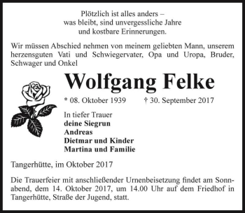 Traueranzeige von Wolfgang Felke  von Magdeburger Volksstimme