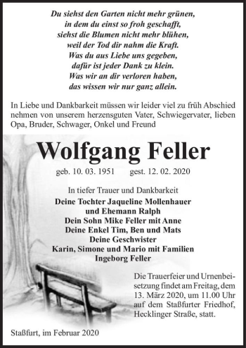 Traueranzeige von Wolfgang Feller  von Magdeburger Volksstimme