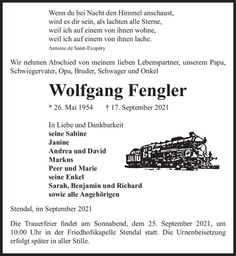 Traueranzeige für Wolfgang Fengler  vom 22.09.2021 aus Magdeburger Volksstimme