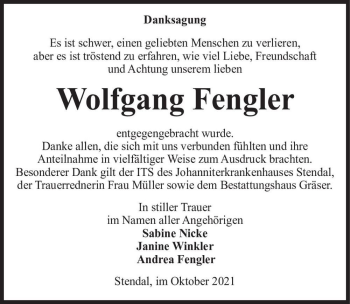 Traueranzeige von Wolfgang Fengler  von Magdeburger Volksstimme
