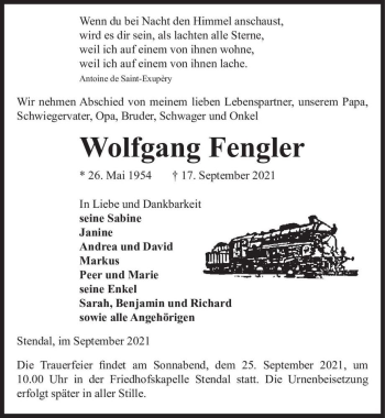 Traueranzeige von Wolfgang Fengler  von Magdeburger Volksstimme