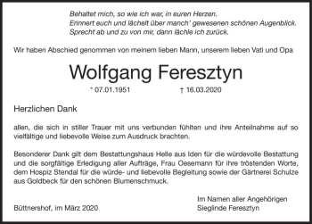 Traueranzeige von Wolfgang Feresztyn  von Magdeburger Volksstimme
