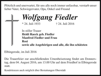 Traueranzeige von Wolfgang Fiedler  von Magdeburger Volksstimme