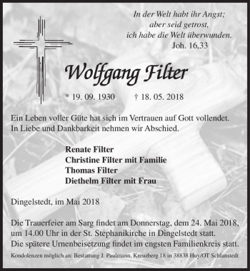 Traueranzeige von Wolfgang Filter  von Magdeburger Volksstimme