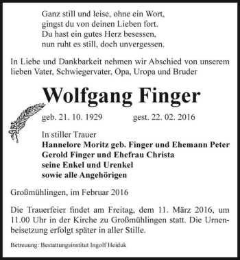 Traueranzeige von Wolfgang Finger  von Magdeburger Volksstimme