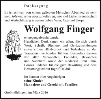 Traueranzeige von Wolfgang Finger  von Magdeburger Volksstimme
