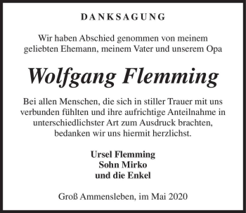 Traueranzeige von Wolfgang Flemming  von Magdeburger Volksstimme