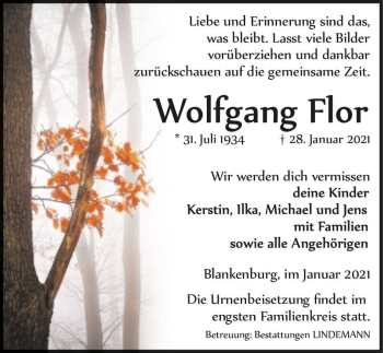 Traueranzeige von Wolfgang Flor  von Magdeburger Volksstimme