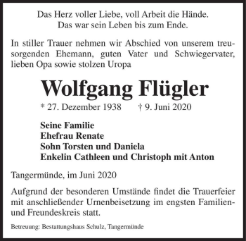 Traueranzeige von Wolfgang Flügler  von Magdeburger Volksstimme