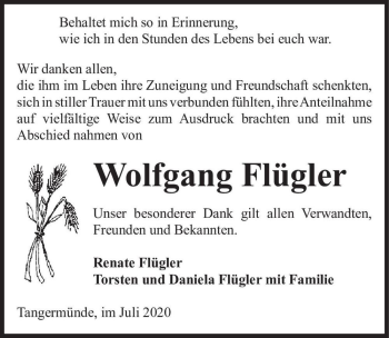 Traueranzeige von Wolfgang Flügler  von Magdeburger Volksstimme