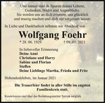Traueranzeige von Wolfgang Foehr  von Magdeburger Volksstimme