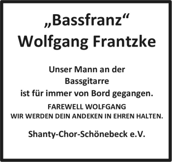 Traueranzeige von Wolfgang Frantzke  von Magdeburger Volksstimme