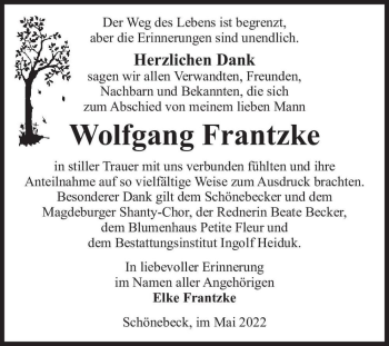 Traueranzeige von Wolfgang Frantzke  von Magdeburger Volksstimme