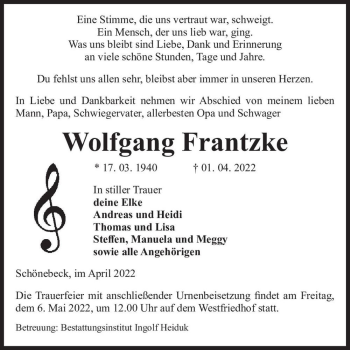 Traueranzeige von Wolfgang Frantzke  von Magdeburger Volksstimme