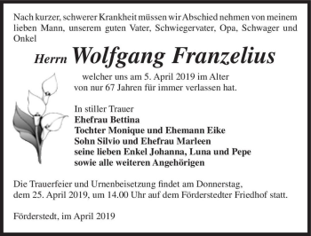 Traueranzeige von Wolfgang Franzelius  von Magdeburger Volksstimme