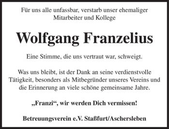 Traueranzeige von Wolfgang Franzelius  von Magdeburger Volksstimme