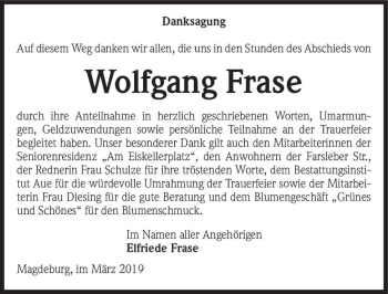 Traueranzeige von Wolfgang Frase  von Magdeburger Volksstimme