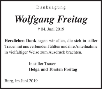 Traueranzeige von Wolfgang Freitag  von Magdeburger Volksstimme