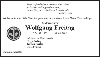 Traueranzeige von Wolfgang Freitag  von Magdeburger Volksstimme
