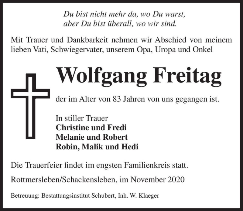  Traueranzeige für Wolfgang Freitag  vom 21.11.2020 aus Magdeburger Volksstimme
