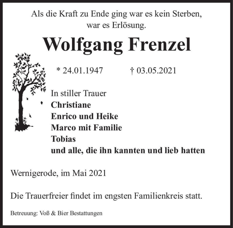 Traueranzeige für Wolfgang Frenzel  vom 08.05.2021 aus Magdeburger Volksstimme
