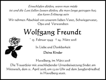 Traueranzeige von Wolfgang Freundt  von Magdeburger Volksstimme