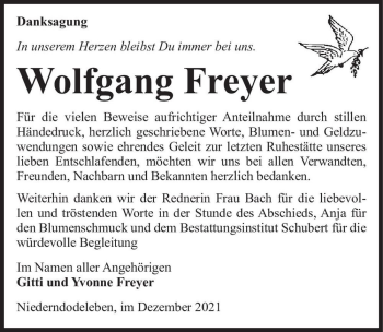 Traueranzeige von Wolfgang Freyer  von Magdeburger Volksstimme