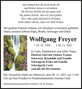 Traueranzeige von Wolfgang Freyer  von Magdeburger Volksstimme