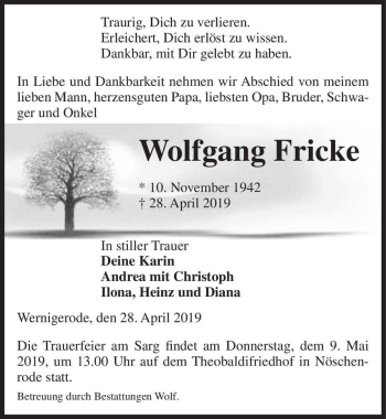 Traueranzeige von Wolfgang Fricke  von Magdeburger Volksstimme