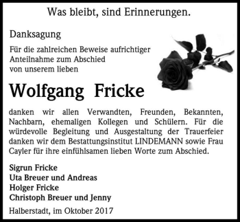 Traueranzeige von Wolfgang Fricke  von Magdeburger Volksstimme