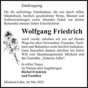 Traueranzeige von Wolfgang Friedrich von Magdeburger Volksstimme