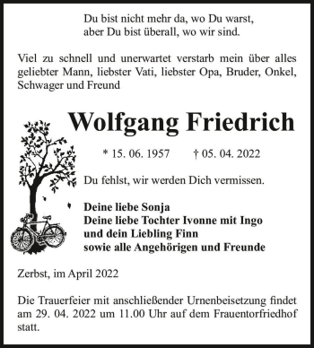 Traueranzeige von Wolfgang  Friedrich von Magdeburger Volksstimme