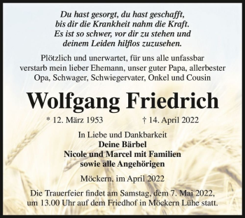 Traueranzeige von Wolfgang Friedrich von Magdeburger Volksstimme