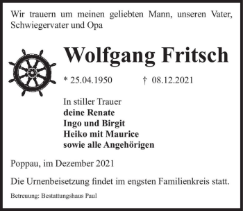 Traueranzeige von Wolfgang Fritsch  von Magdeburger Volksstimme