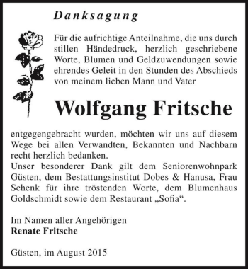 Traueranzeige von Wolfgang Fritsche  von Magdeburger Volksstimme