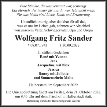 Traueranzeige von Wolfgang Fritz Sander  von Magdeburger Volksstimme