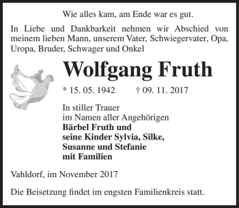 Traueranzeige von Wolfgang Fruth  von Magdeburger Volksstimme