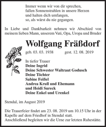 Traueranzeige von Wolfgang Fräßdorf  von Magdeburger Volksstimme
