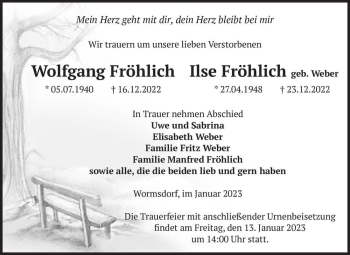 Traueranzeige von Wolfgang Fröhlich und Ilse Fröhlich (geb. Weber)  von Magdeburger Volksstimme