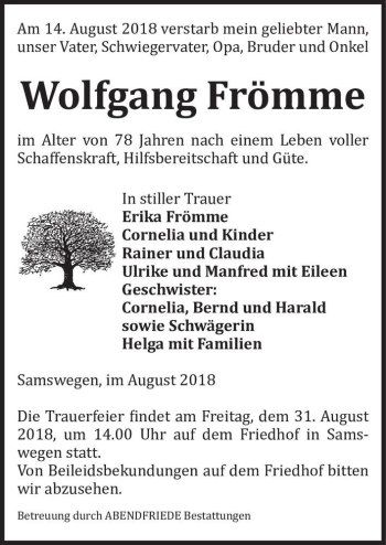 Traueranzeige von Wolfgang Frömme  von Magdeburger Volksstimme